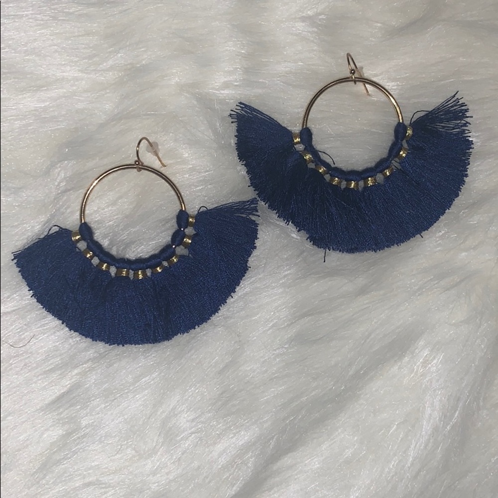 Navy Blue Round Tassel Earrings